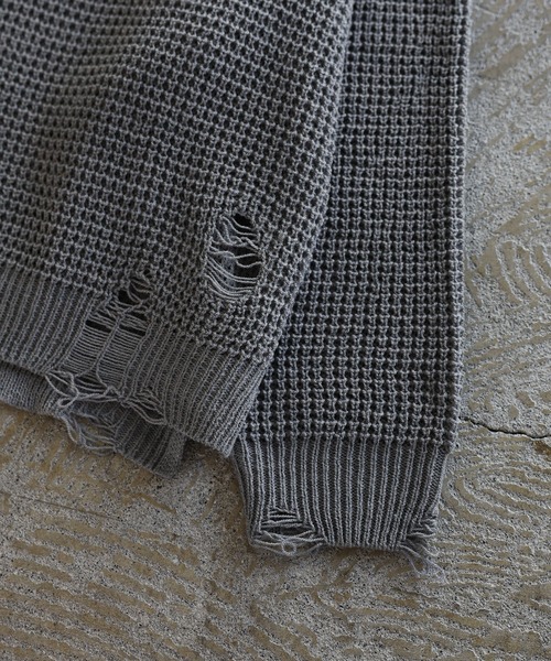 ROCHEM（ローシェン）の「ダメージデザインショートワッフルスキッパーポロ（ニット/セーター・メンズ・ブラック/オフホワイト/グレー・XS/S/M/L）」の12枚目の写真