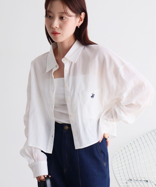 BEVERLY HILLS POLO CLUB(ビバリーヒルズポロクラブ)の「【Bevery Hills Polo Club/ビバリーヒルズポロクラブ】ワンポイント刺繍 楊柳長袖シャツ(S:クロップド丈 / M:ロング丈)(シャツ/ブラウス・レディース・グリーン/ホワイト/ピンク/ラベンダー・S/M)」の2枚目の写真