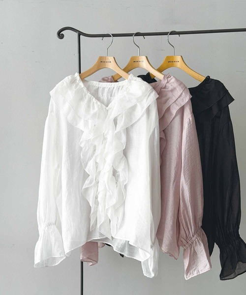 PICCIN PERLA（ピッチンペルラ）の「フリルシアーブラウス（シャツ/ブラウス・レディース・ピンク/ブラック/オフホワイト・M）」の2枚目の写真