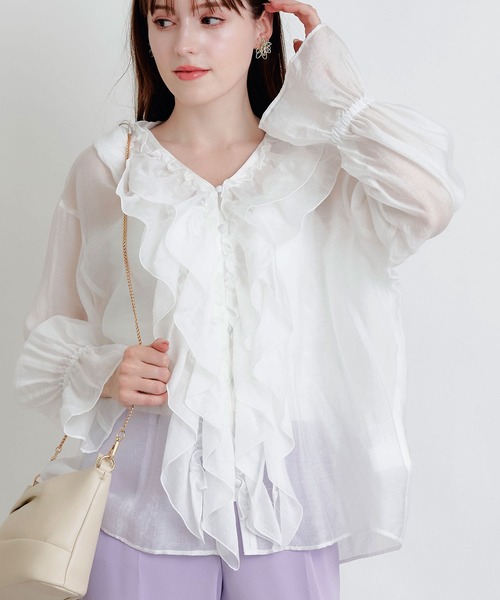 PICCIN PERLA(ピッチンペルラ)の「フリルシアーブラウス(シャツ/ブラウス・レディース・ピンク/ブラック/オフホワイト・M)」の5枚目の写真