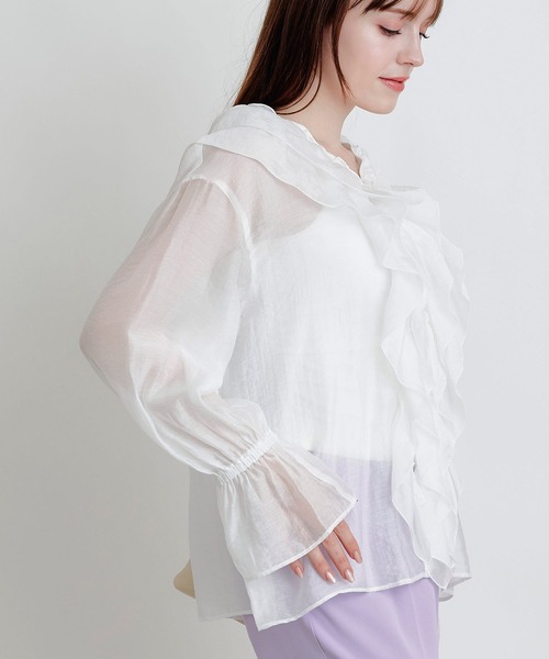 PICCIN PERLA(ピッチンペルラ)の「フリルシアーブラウス(シャツ/ブラウス・レディース・ピンク/ブラック/オフホワイト・M)」の6枚目の写真
