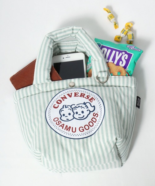 CONVERSE（コンバース）の「CONVERSE×OSAMU GOODS コラボ ストライプ ミニトートバッグ/ランチトート/レディース（トートバッグ・レディース・イエロー/サックスブルー/ピンク/グリーン・FREE）」の2枚目の写真