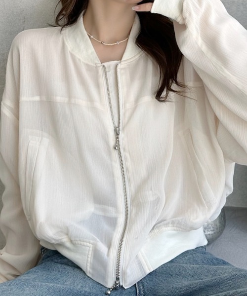 umune(ウムネ)の「シアーブルゾン 楊柳 シースルー ジャケット アウター ライトアウター 羽織り シアー ノーカラー クロップド丈 ドロスト 透け感 秋 冬(ブルゾン・レディース・ミント/ブラック/オフホワイト・FREE)」の19枚目の写真