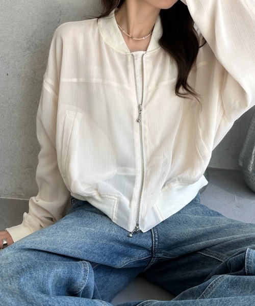 umune(ウムネ)の「シアーブルゾン 楊柳 シースルー ジャケット アウター ライトアウター 羽織り シアー ノーカラー クロップド丈 ドロスト 透け感 秋 冬(ブルゾン・レディース・ミント/ブラック/オフホワイト・FREE)」の18枚目の写真