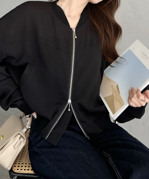 umune(ウムネ)の「シアーブルゾン 楊柳 シースルー ジャケット アウター ライトアウター 羽織り シアー ノーカラー クロップド丈 ドロスト 透け感 秋 冬(ブルゾン・レディース・ミント/ブラック/オフホワイト・FREE)」の22枚目の写真