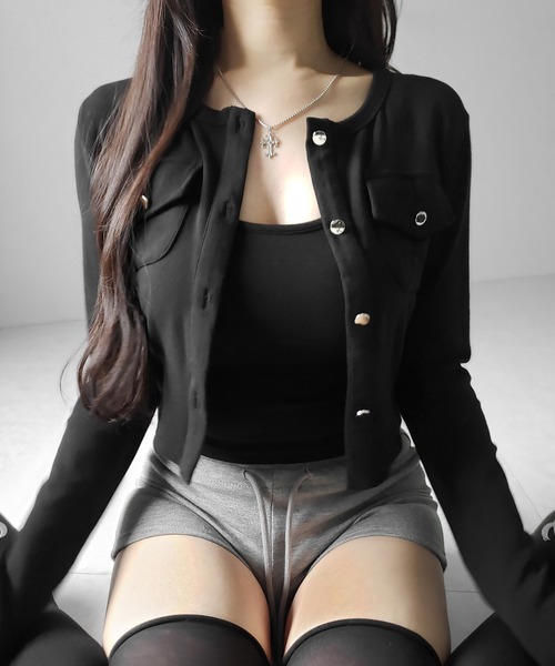 me+em select(ミームセレクト)の「【 2点セット 】アウトポケットカーディガン + キャミソールセット / ( 2piece set ) out pocket cardigan + camisole SET(アンサンブル・レディース・アイボリー/ブラック・FREE)」の6枚目の写真