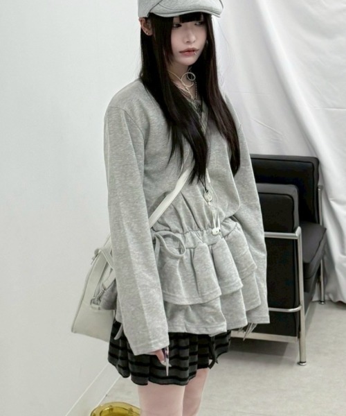 Never mind the XU / Chikashitsu+（ネバーマインド ザ エックスユー / チカシツプラス）の「【nmtc+】cancan mini one-piece / 【エヌエムティーシープラス】カンカンミニワンピース <着用動画あり>（ワンピース・レディース・グレー/ブラック・ONE SIZE）」の8枚目の写真