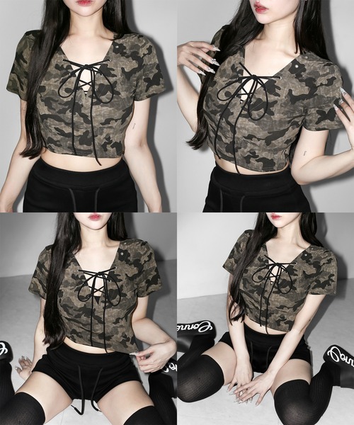 me+em select（ミームセレクト）の「【 ３color 】ヴィンテージカモフラレースアップショートＴシャツ　／ Vintage camouflage lace-up short T-shirt（Tシャツ/カットソー・レディース・カーキ/グレー/ピンク・FREE）」の7枚目の写真