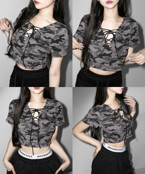 me+em select（ミームセレクト）の「【 ３color 】ヴィンテージカモフラレースアップショートＴシャツ　／ Vintage camouflage lace-up short T-shirt（Tシャツ/カットソー・レディース・カーキ/グレー/ピンク・FREE）」の8枚目の写真