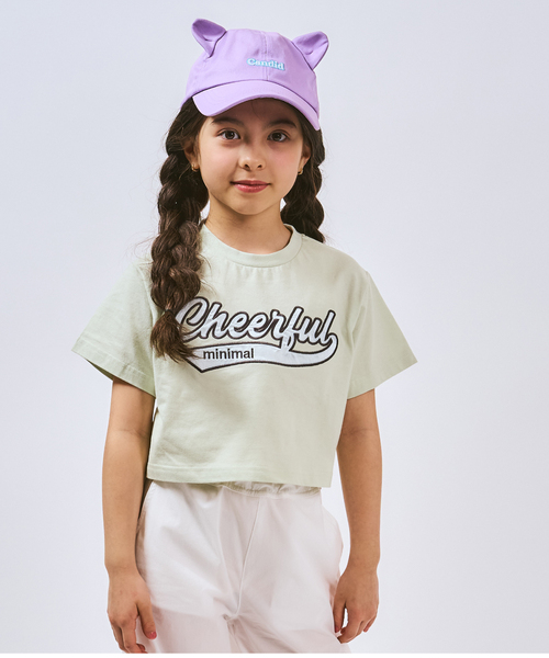 minimal（ミニマル）の「【綿100%】ロゴアップリケクロップド半袖Tシャツ（Tシャツ/カットソー・キッズ・オフホワイト/ブラック/サックスブルー/ライトグリーン・140cm/130cm/120cm/110cm/100cm/90cm）」の3枚目の写真