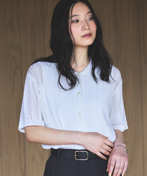 COMME CA ISM(コムサイズム)の「【ウォッシャブル】メッシュ ニットシャツ(ニット/セーター・レディース・ブラック/グリーン/ホワイト・FREE)」の1枚目の写真