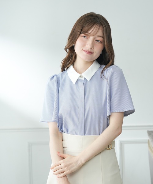 ASTORIA ODIER（アストリアオディール）の「２WAY仕様/デタッチャブルボウタイ半袖ブラウス（ドット/ストライプ柄）（シャツ/ブラウス・レディース・ホワイト×ブラック/ホワイト×ブルー・MEDIUM/LARGE/SMALL）」の8枚目の写真