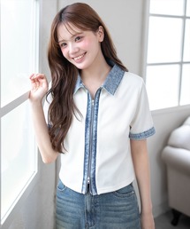 clear | 襟付デニム切替ダブルジップカットソートップス(Tシャツ/カットソー)