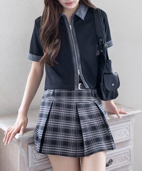 clear(クリア)の「襟付デニム切替ダブルジップカットソートップス(Tシャツ/カットソー・レディース・ブラック/アイボリー/グレー/レッド・F)」の1枚目の写真