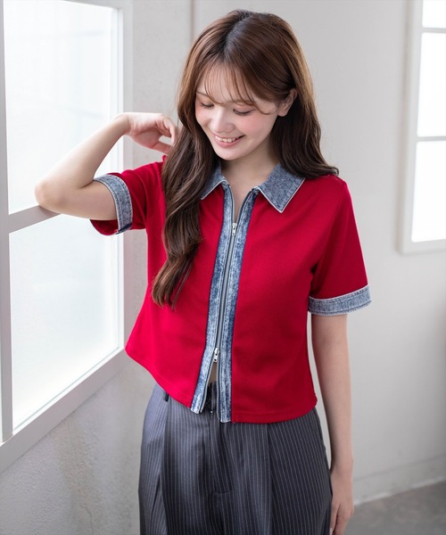 clear(クリア)の「襟付デニム切替ダブルジップカットソートップス(Tシャツ/カットソー・レディース・ブラック/アイボリー/グレー/レッド・F)」の5枚目の写真