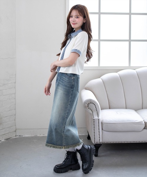 clear(クリア)の「襟付デニム切替ダブルジップカットソートップス(Tシャツ/カットソー・レディース・ブラック/アイボリー/グレー/レッド・F)」の6枚目の写真