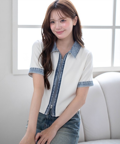clear(クリア)の「襟付デニム切替ダブルジップカットソートップス(Tシャツ/カットソー・レディース・ブラック/アイボリー/グレー/レッド・F)」の9枚目の写真