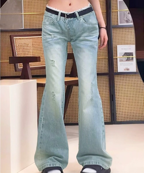 core core(コアコア)の「ウエストレースレイヤード風フレアデニムパンツ(デニムパンツ・レディース・ライトブルー・L/M/S)」の6枚目の写真