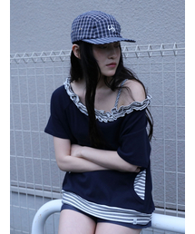 UGLY SHADOW（アグリーシャドウ）の「STRIPE FRILL OFF-SHOULDER(NAVY)（Tシャツ/カットソー）」