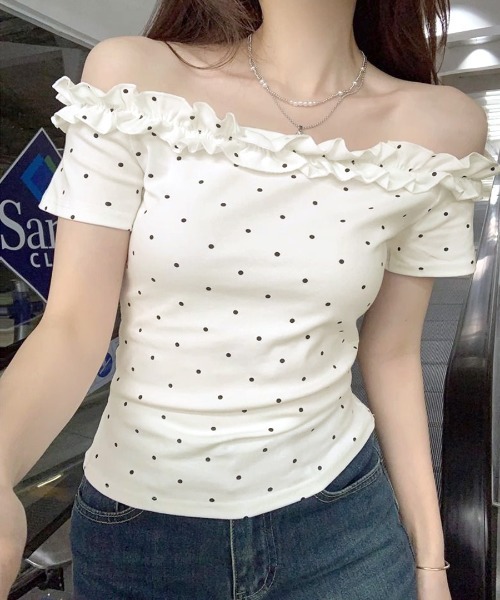 セール】ドット柄フリルオフショルトップス（Tシャツ/カットソー