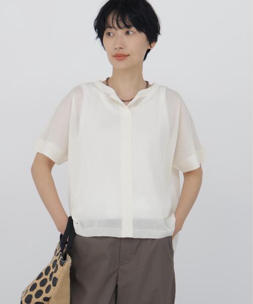 human woman（ヒューマンウーマン）の「◆【名品 / ウォッシャブル】シアーハイゲージキーネックプルオーバー（ニット/セーター・レディース・ベージュ系その他/ホワイト系その他/グリーン・MEDIUM）」の6枚目の写真