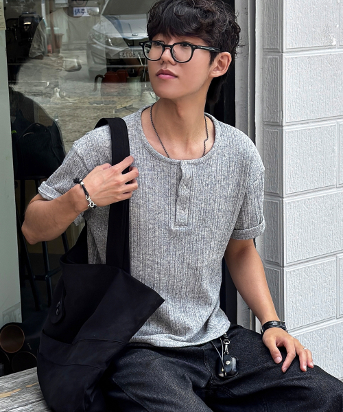 Henley‑neck хлопковый кроп‑футболка T‑shirt — серый