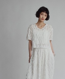 【W:Huku / コットンフリンジジャガード】Vネック 半袖 トップス / Cotton Fringe Jacquard V-Neck Top