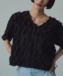 【W:Huku / コットンフリンジジャガード】Vネック 半袖 トップス / Cotton Fringe Jacquard V-Neck Top