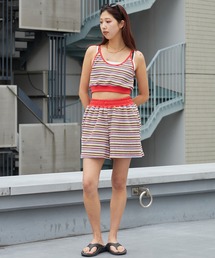 Chick | Pile Fabric Striped Tank Top and Shorts Set / パイル地 ボーダー タンクトップショーツ セットアップ コットン レディース 韓国 2026年 夏 夏服(セットアップ)