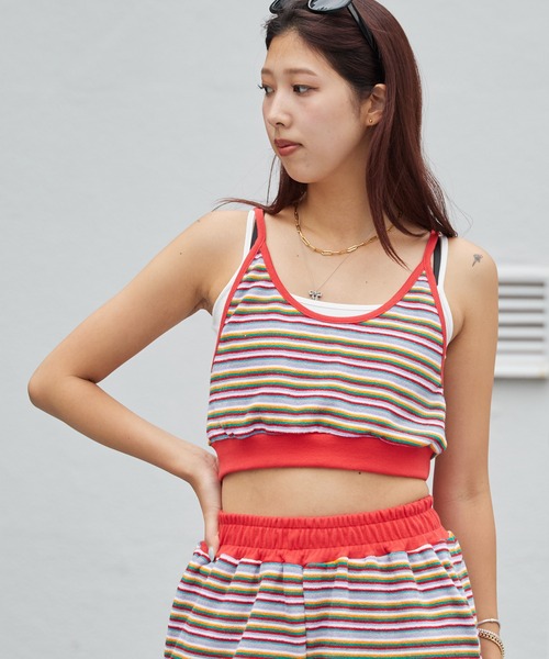 Chick(チック)の「Pile Fabric Striped Tank Top and Shorts Set / パイル地 ボーダー タンクトップショーツ セットアップ コットン レディース 韓国 2026年 夏 夏服(セットアップ・レディース・レッド/ピンク/グリーン・FREE)」の22枚目の写真