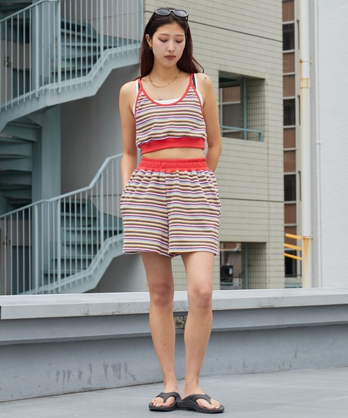 Chick(チック)の「Pile Fabric Striped Tank Top and Shorts Set / パイル地 ボーダー タンクトップショーツ セットアップ コットン レディース 韓国 2026年 夏 夏服(セットアップ・レディース・レッド/ピンク/グリーン・FREE)」の14枚目の写真
