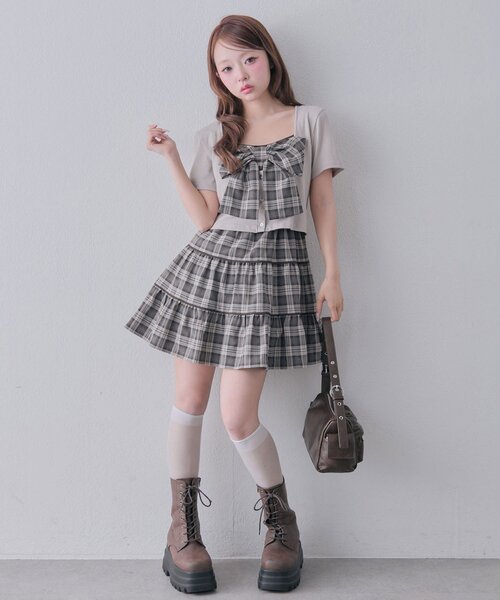 OLIVE des OLIVE(オリーブデオリーブ)の「リボンミニワンピとカーデのセット(ワンピース・レディース・ベージュ/ドット/ブラック・FREE)」の7枚目の写真