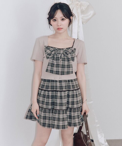 OLIVE des OLIVE(オリーブデオリーブ)の「リボンミニワンピとカーデのセット(ワンピース・レディース・ベージュ/ドット/ブラック・FREE)」の9枚目の写真