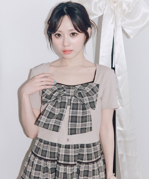 OLIVE des OLIVE(オリーブデオリーブ)の「リボンミニワンピとカーデのセット(ワンピース・レディース・ベージュ/ドット/ブラック・FREE)」の10枚目の写真