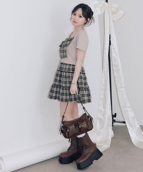OLIVE des OLIVE(オリーブデオリーブ)の「リボンミニワンピとカーデのセット(ワンピース・レディース・ベージュ/ドット/ブラック・FREE)」の13枚目の写真