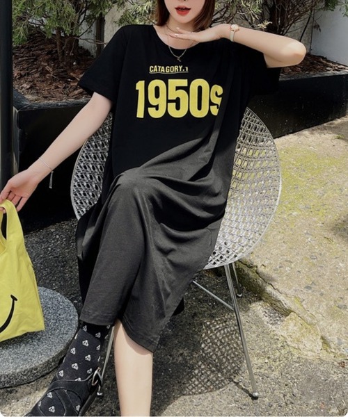 I.O.E（アイオイ）の「【韓国トレンド】1950sロゴプリントTシャツワンピース（ワンピース・レディース・ブラック/グレー・FREE）」の4枚目の写真