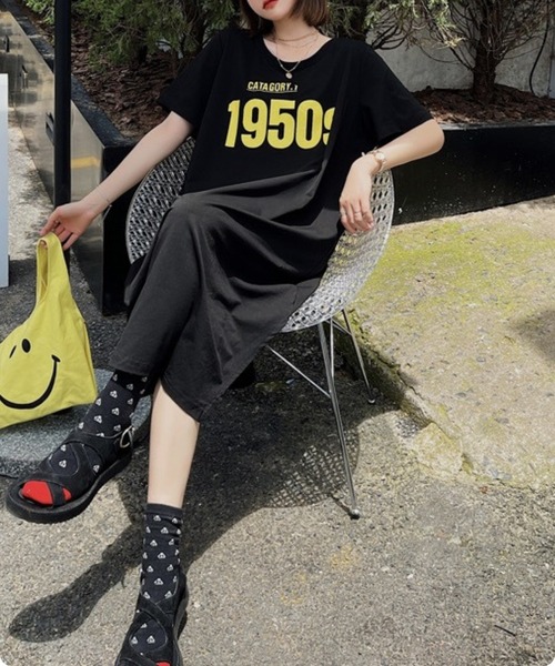 I.O.E（アイオイ）の「【韓国トレンド】1950sロゴプリントTシャツワンピース（ワンピース・レディース・ブラック/グレー・FREE）」の5枚目の写真