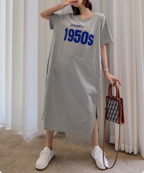 I.O.E（アイオイ）の「【韓国トレンド】1950sロゴプリントTシャツワンピース（ワンピース・レディース・ブラック/グレー・FREE）」の15枚目の写真