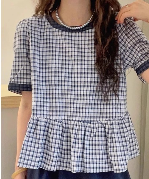 LUCPY(ラクピー)の「ギンガムチェックペプラムブラウス(シャツ/ブラウス・レディース・ブルー・LARGE/MEDIUM/XX-LARGE/X-LARGE)」の4枚目の写真