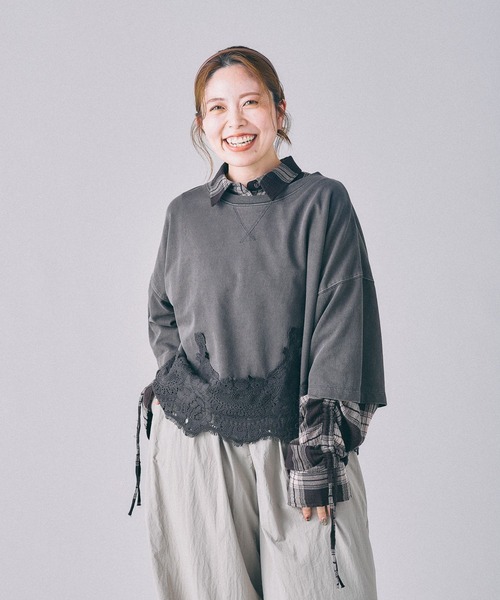 LEPSIM(レプシィム)の「レースドッキングミニ裏毛6分袖 840068(Tシャツ/カットソー・レディース・アイボリー/チャコールグレー/ライトブルー/グレー・FREE)」の14枚目の写真