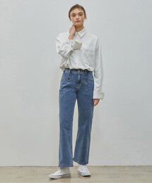 ハイウエストバックバンドデニムロングパンツブルー