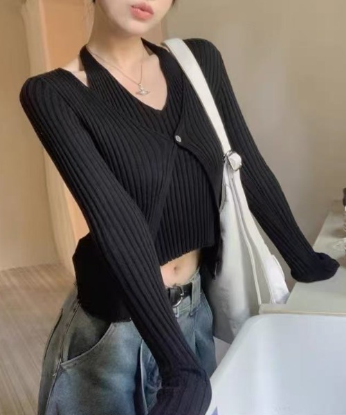 Achic(アシック)の「細見え♪レイヤード風リブ長袖トップス(カーディガン/ボレロ・レディース・ブラック/ベージュ/グレー・M)」の13枚目の写真