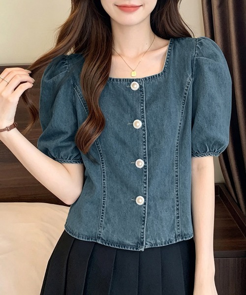 ReRe(リリ)の「パール風ボタンデニムパフスリーブブラウス(シャツ/ブラウス・レディース・ブルー・MEDIUM/LARGE/X-LARGE)」の9枚目の写真