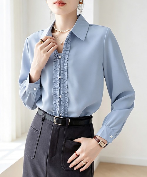 Doux Belle(ドゥーベル)の「フロントフリル長袖シャツ(シャツ/ブラウス・レディース・ブルー/ホワイト・MEDIUM/LARGE/X-LARGE)」の4枚目の写真