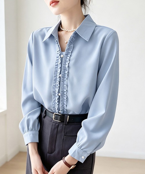 Doux Belle(ドゥーベル)の「フロントフリル長袖シャツ(シャツ/ブラウス・レディース・ブルー/ホワイト・MEDIUM/LARGE/X-LARGE)」の7枚目の写真