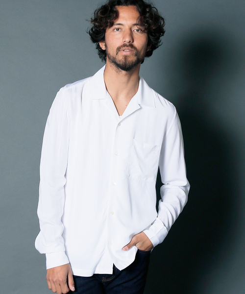 Magine（マージン）の「RAYON OPEN COLLAR SHIRTS L/S:レーヨン オープンカラーシャツ（シャツ/ブラウス・メンズ・ホワイト/チャコールグレー/ブラック/ベージュ/パープル/レッド・44/46/48）」の2枚目の写真