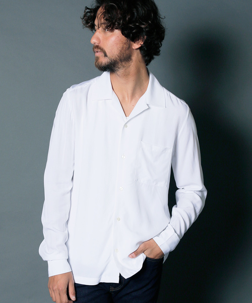 Magine（マージン）の「RAYON OPEN COLLAR SHIRTS L/S:レーヨン オープンカラーシャツ（シャツ/ブラウス・メンズ・ホワイト/チャコールグレー/ブラック/ベージュ/パープル/レッド・44/46/48）」の7枚目の写真