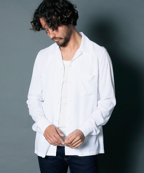 Magine（マージン）の「RAYON OPEN COLLAR SHIRTS L/S:レーヨン オープンカラーシャツ（シャツ/ブラウス・メンズ・ホワイト/チャコールグレー/ブラック/ベージュ/パープル/レッド・44/46/48）」の8枚目の写真