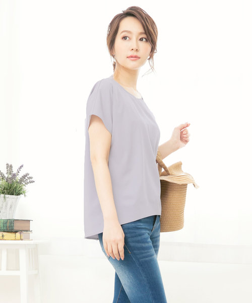KOBE LETTUCE（コウベレタス）の「大人のための着回しデイリー服！フレンチスリーブ半袖Uネックとろみ素材シンプルブラウス/レディーストップス[C3214]神戸レタス（シャツ/ブラウス・レディース・ネイビー/グレー/アイボリー/モカ/ラベンダー・FREE）」の3枚目の写真