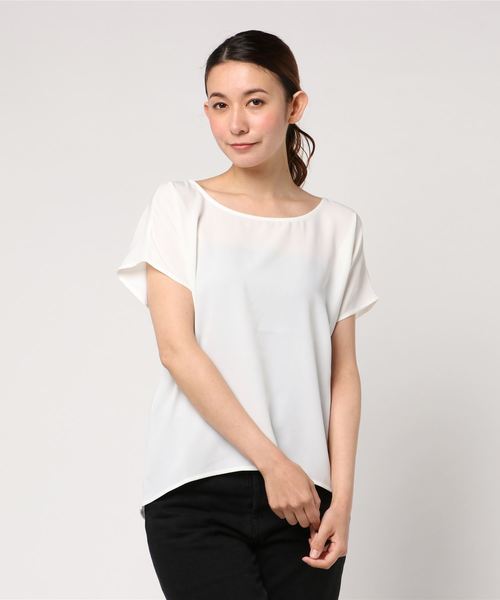 KOBE LETTUCE（コウベレタス）の「大人のための着回しデイリー服！フレンチスリーブ半袖Uネックとろみ素材シンプルブラウス/レディーストップス[C3214]神戸レタス（シャツ/ブラウス・レディース・ネイビー/グレー/アイボリー/モカ/ラベンダー・FREE）」の2枚目の写真